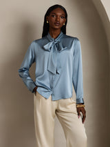 [Blu Grigiastro] SilkSilky-IT Long Sleeve Tie Neck Bluse 007