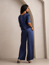 [Blu Scuro] SilkSilky-IT Half Sleeve Round Neck Pigiami da donna 002