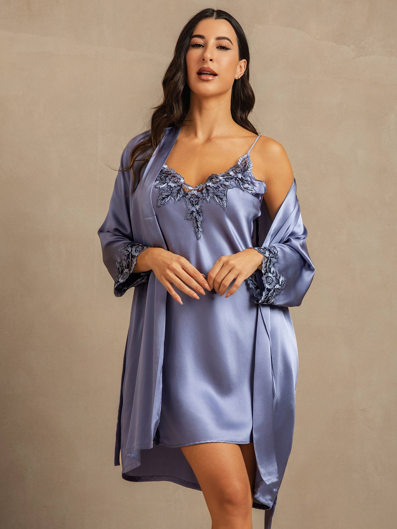 [Blu Acciaio] SilkSilky-IT Nightgown&Robe Set 003,
