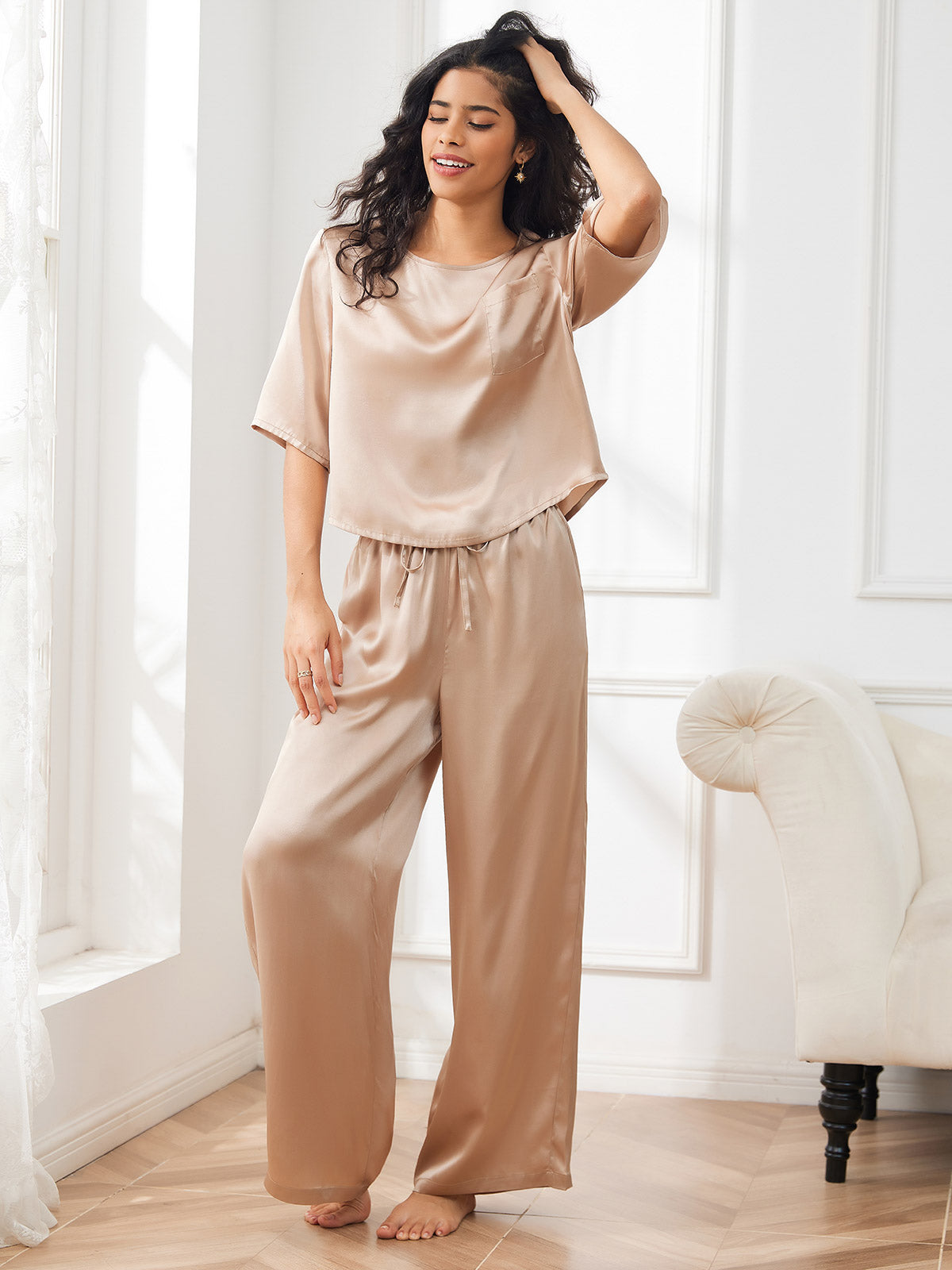 [Champagne] SilkSilky-IT Half Sleeve Round Neck Pigiami da donna 001