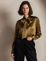 [Marrone] SilkSilky-IT Long Sleeve Tie Neck Bluse 007