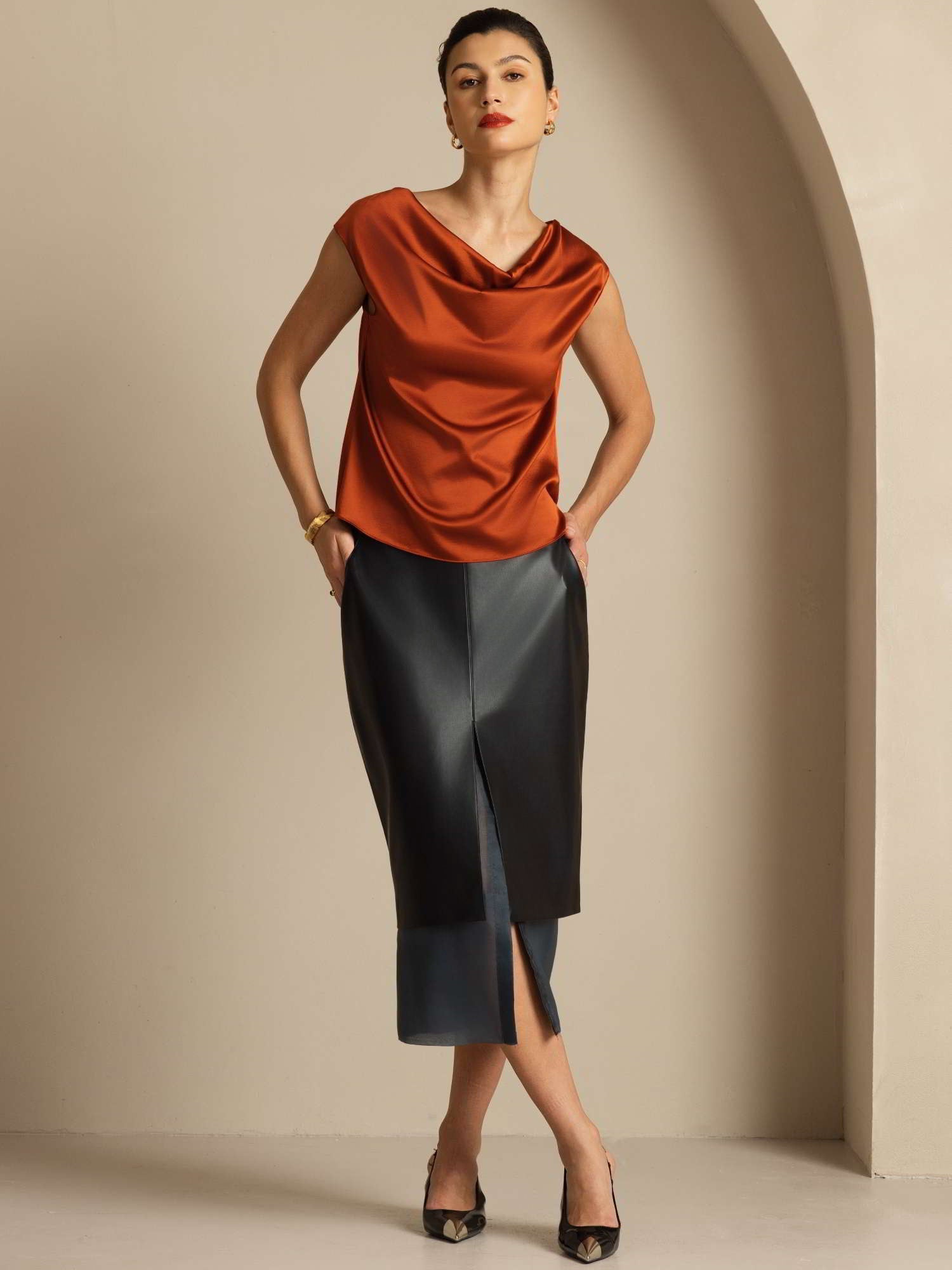 [Caramello] SilkSilky-IT 19Momme Seta Senza maniche Collo drappeggiato Magliette donna 008