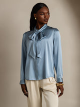 [Blu Grigiastro] SilkSilky-IT Long Sleeve Tie Neck Bluse 004