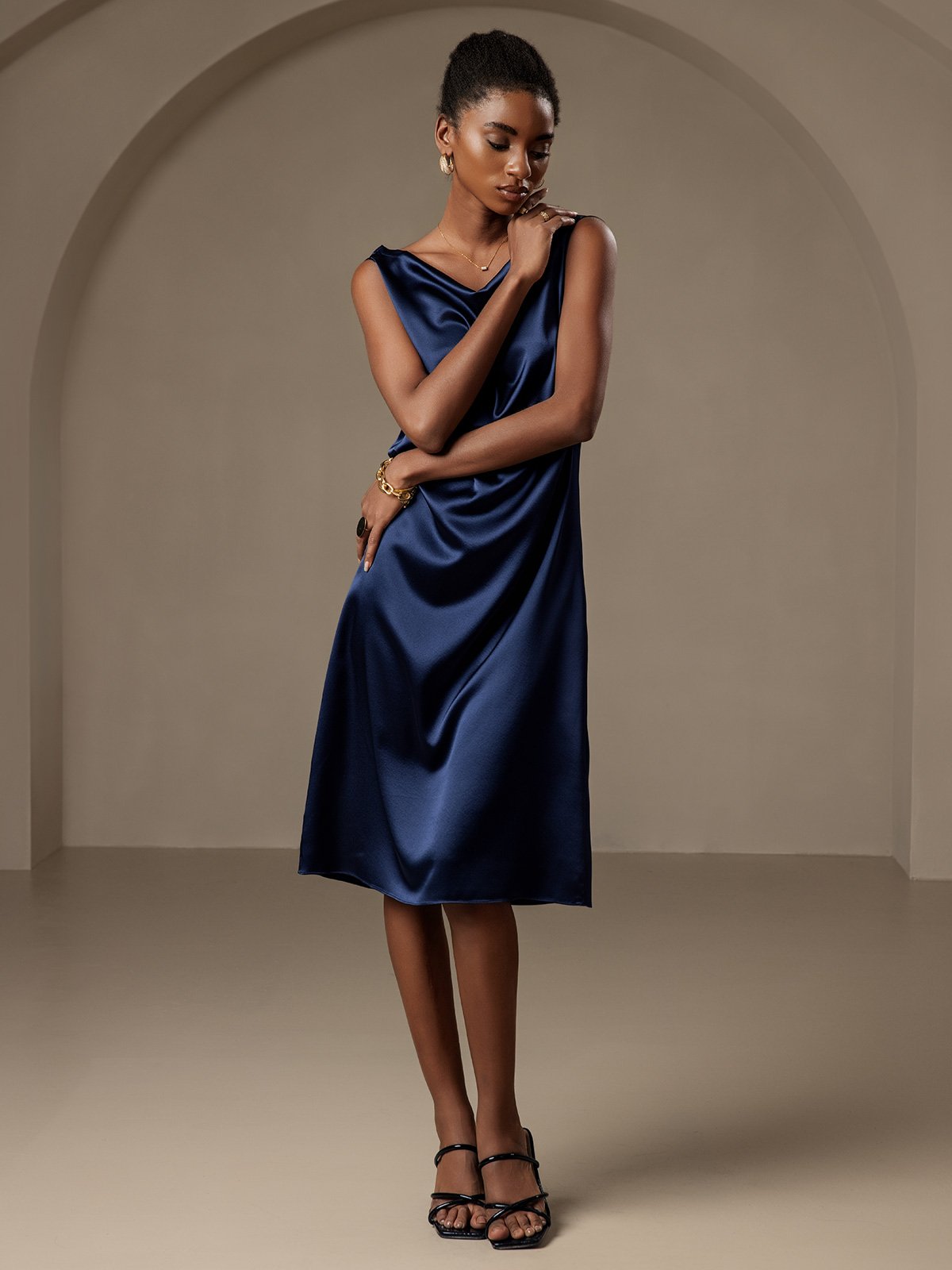 [Blu Scuro] SilkSilky-IT 19Momme Senza maniche Collo drappeggiato Vestiti da donna 006