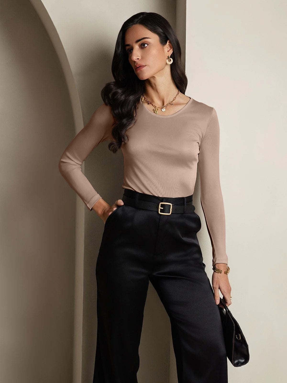 [Caffè] SilkSilky-IT Manica lunga Scollo rotondo Magliette donna 004