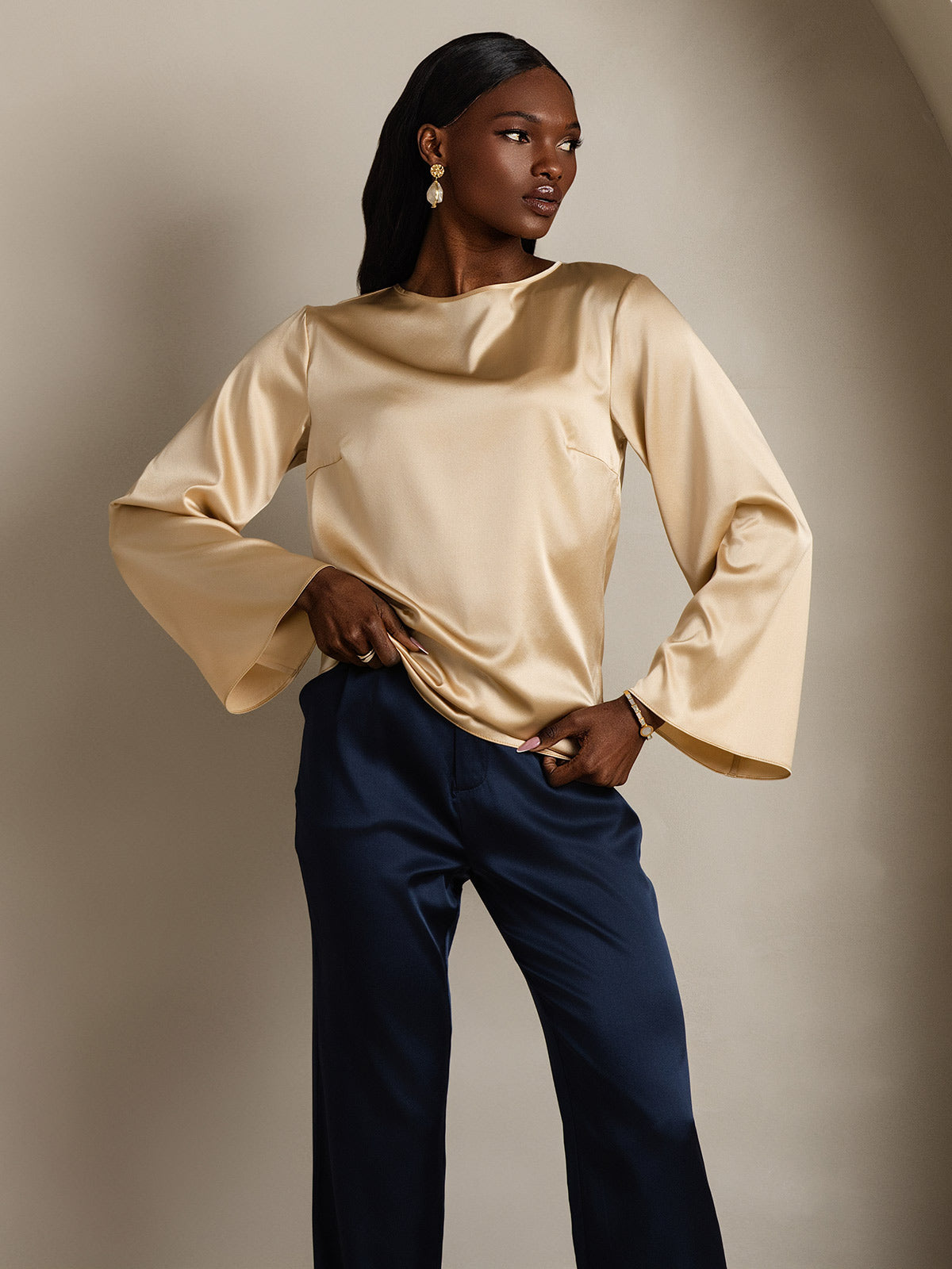 [Champagne] SilkSilky-IT 19Momme Manica lunga Scollo barchetta Camicette 003