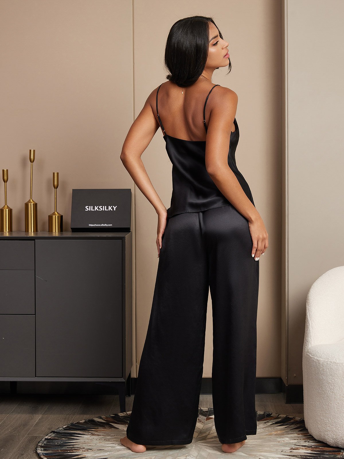 [Nero] SilkSilky-IT Seta pura Collo a V Set di Bretelle 002