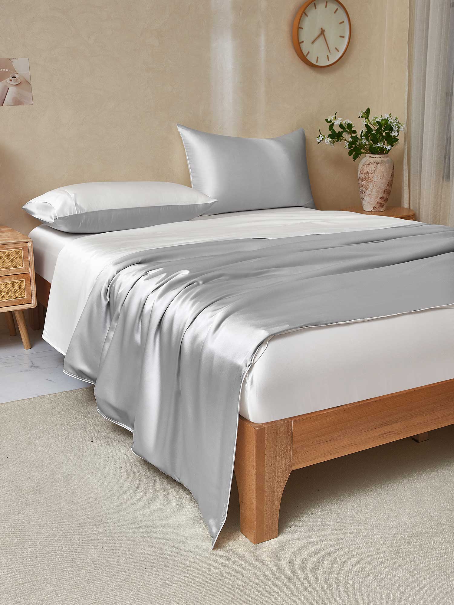 [GrigioChiaro+Bianco] SilkSilky-IT 25Momme Seta pura Bedding Set 003,