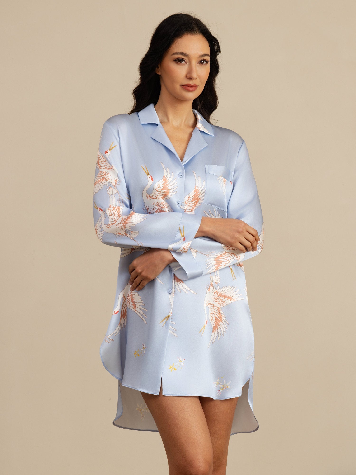 [Azzurro] SilkSilky-IT 19Momme Manica lunga Collo a Taglio Camicia da notte 003