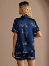 [Zebra Blu Navy] SilkSilky-IT Short Sleeve Lapel Collar Pigiami da donna 002
