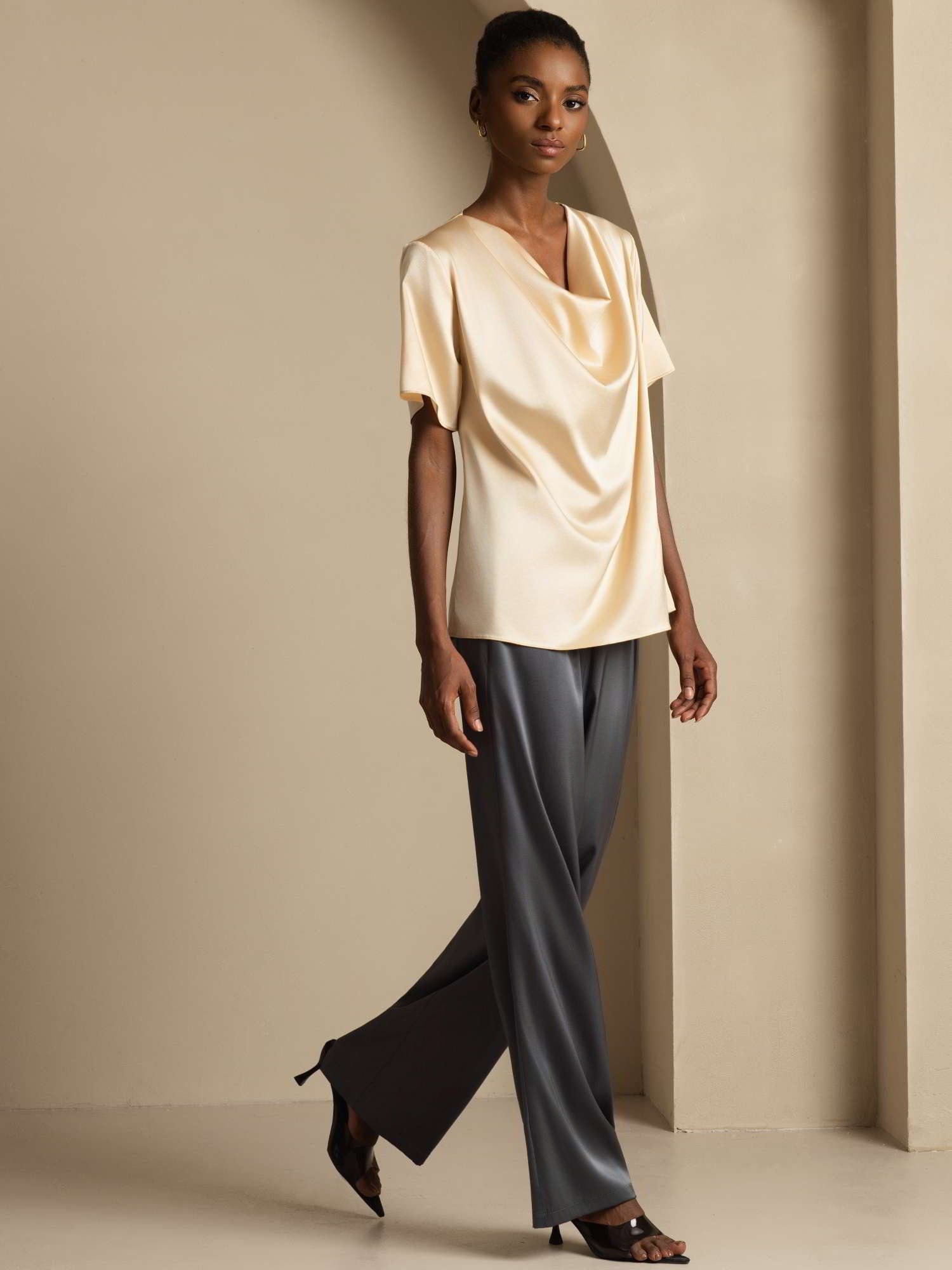 [Champagne] SilkSilky-IT 19Momme Maniche Corte Collo drappeggiato Camicette 007