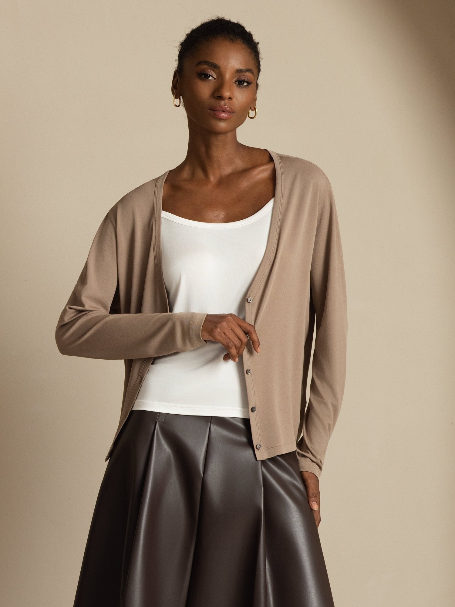 [MarroneChiaro] SilkSilky-IT 19Momme Seta Manica lunga Scollo a V Cardigan Donna 004