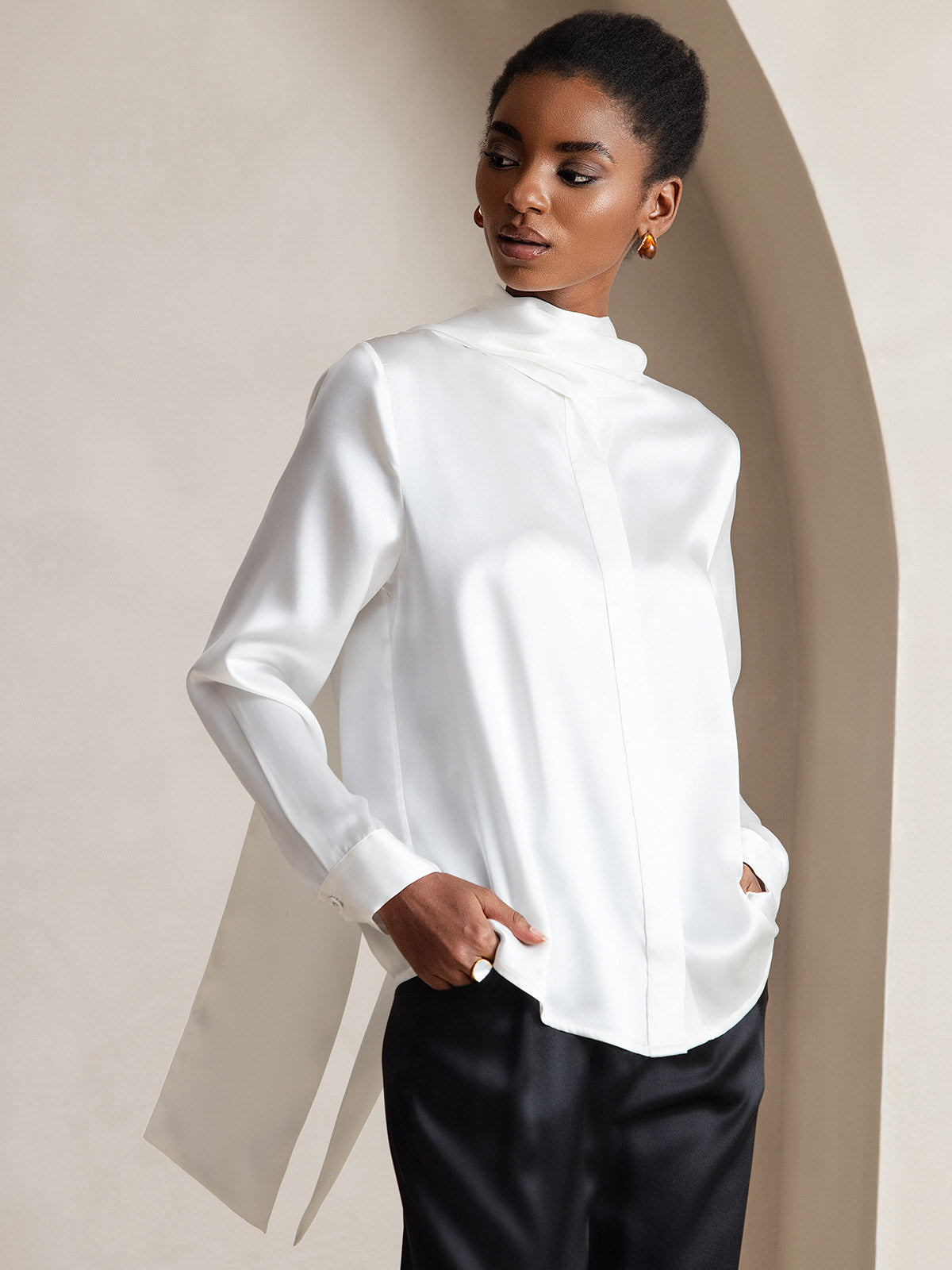 [Bianco] SilkSilky-IT 19Momme Manica lunga Camicette 005