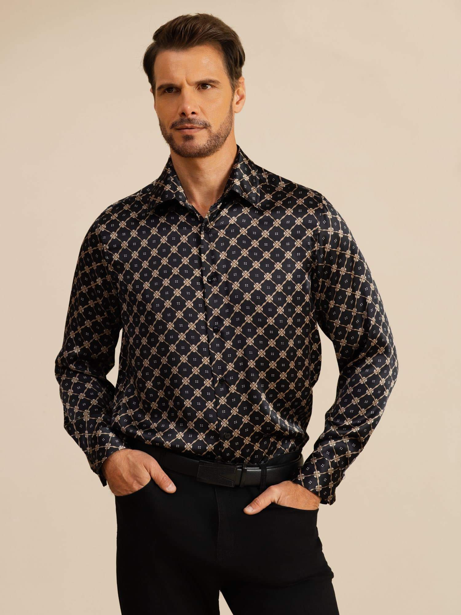 [Catena Nera] SilkSilky-IT Manica lunga Colletto con Revers Camicia da uomo 005