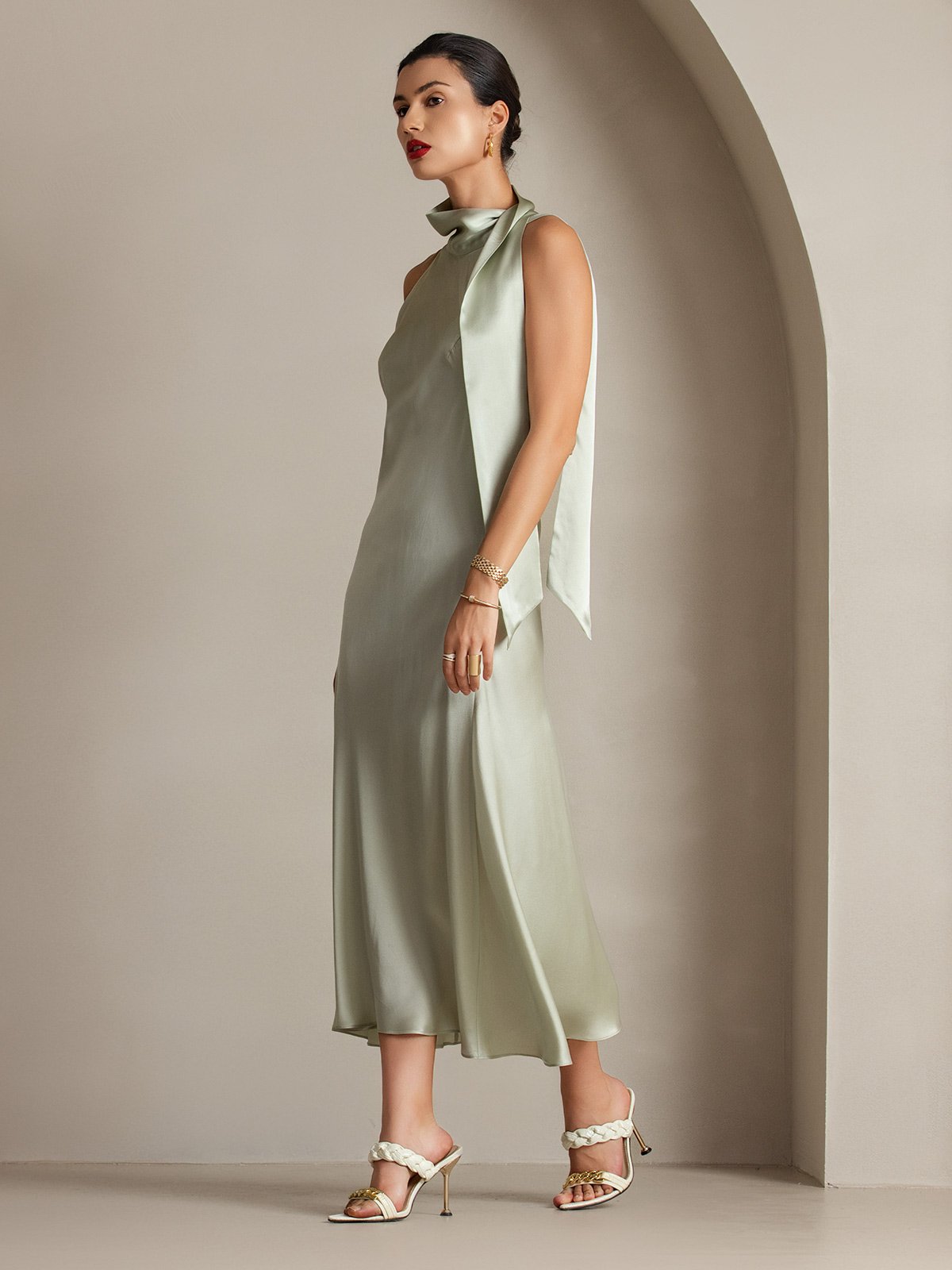 [Verde Chiaro] SilkSilky-IT 19Momme Seta Senza maniche Nodo al collo Vestiti da donna 005