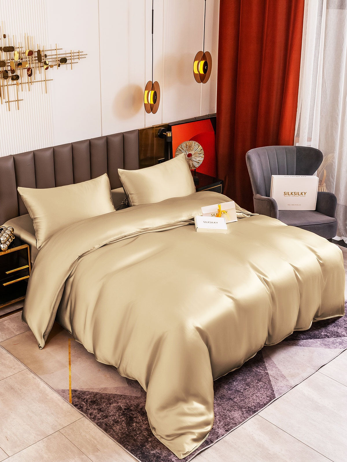 SilkSilky IT 19Momme Seta pura Bedding Set Beige 001