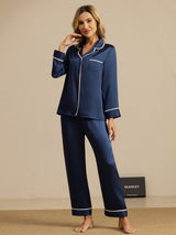 [Blu Scuro] SilkSilky-IT Long Sleeve Lapel Collar Pigiami da donna 006