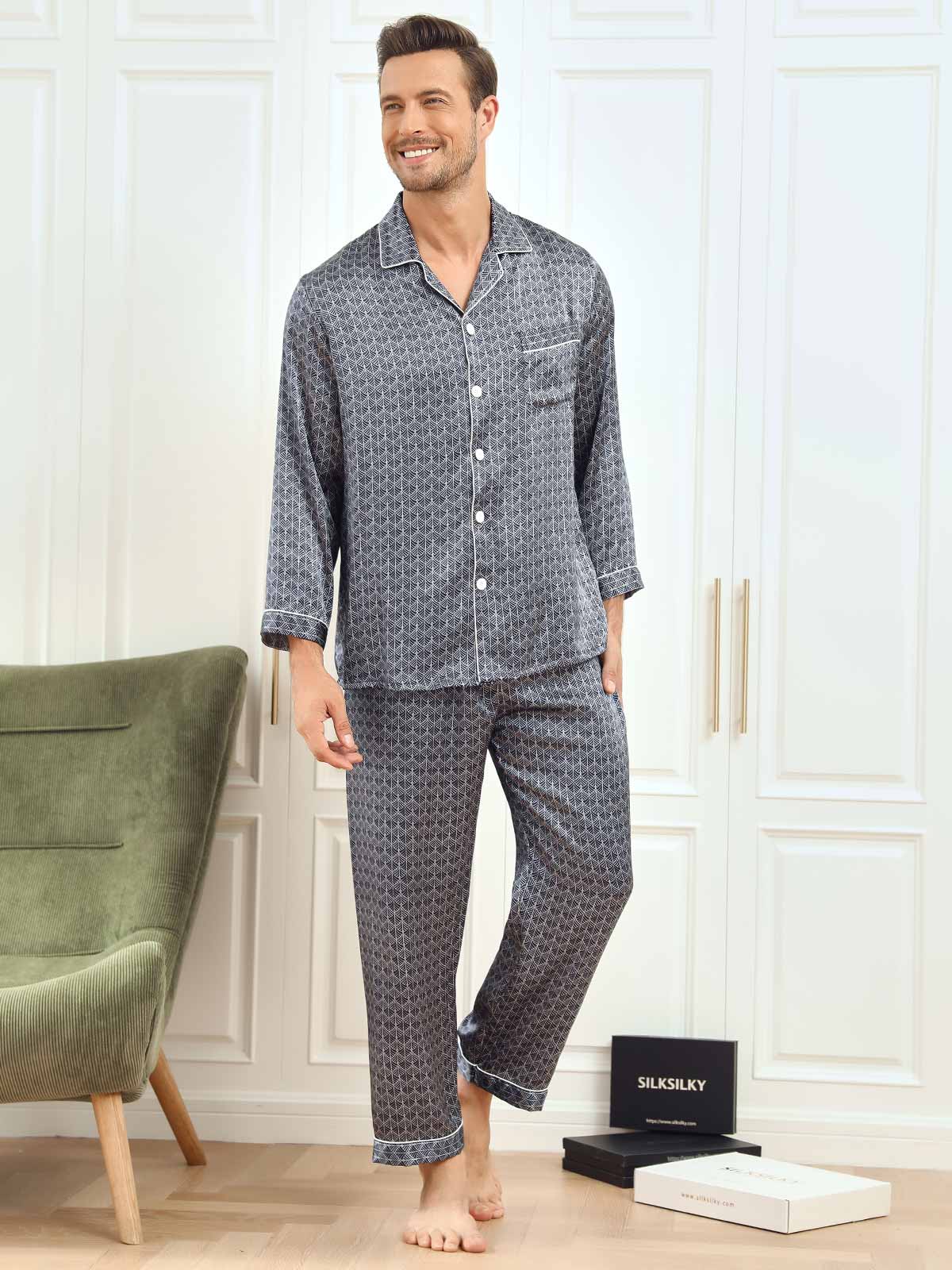 [Ginkgo Blu Navy] SilkSilky-IT 19Momme Seta pura Mens Pajamas 005