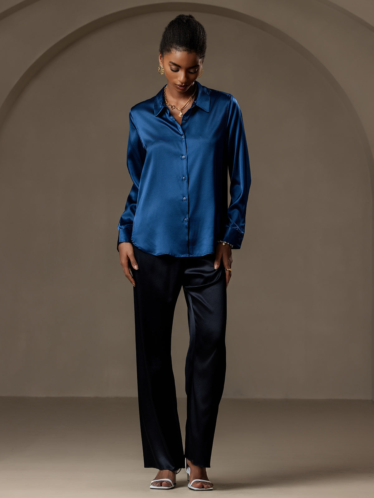 [Verde Acqua] SilkSilky-IT Seta Colletto risvolto Camicie da donna 006