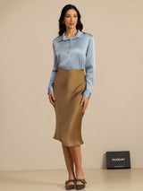 [Blu Grigiastro] SilkSilky-IT Long Sleeve Lapel Collar Camicie da donna 012