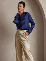 [Blu Scuro] SilkSilky-IT Long Sleeve Lapel Collar Camicie da donna 005