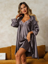 [Grigio Porpora] SilkSilky-IT 3/4 Sleeve V Neck Set camicia e vestaglia 001
