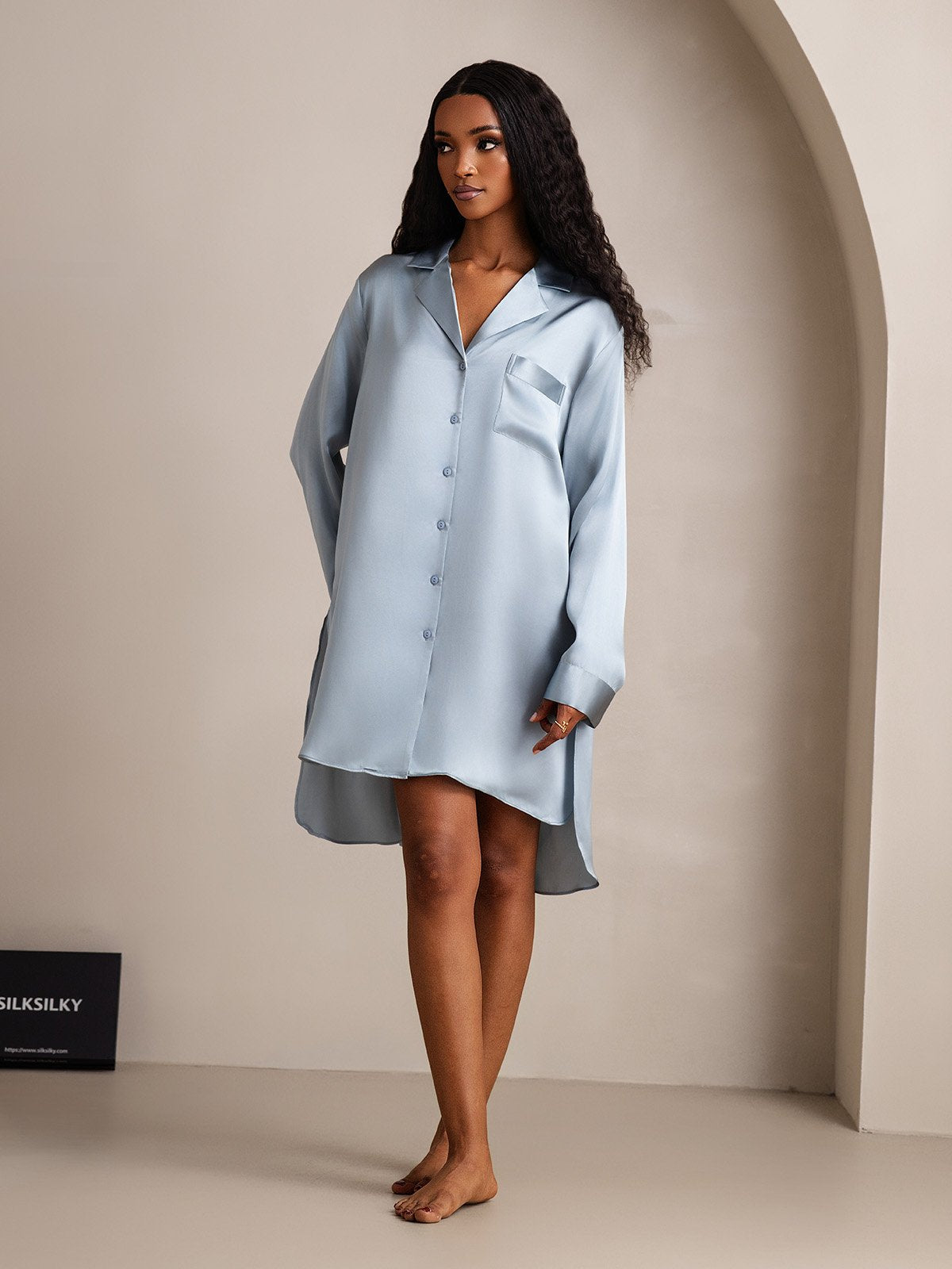 [BluGrigiastro] SilkSilky-IT Seta pura Colletto risvolto Camicia da notte 004