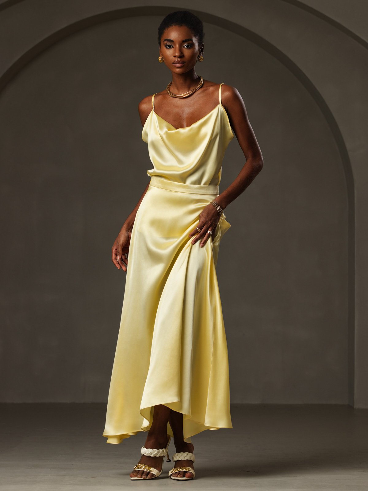 [Giallo] SilkSilky-IT 19Momme Seta Collo drappeggiato Cami 005