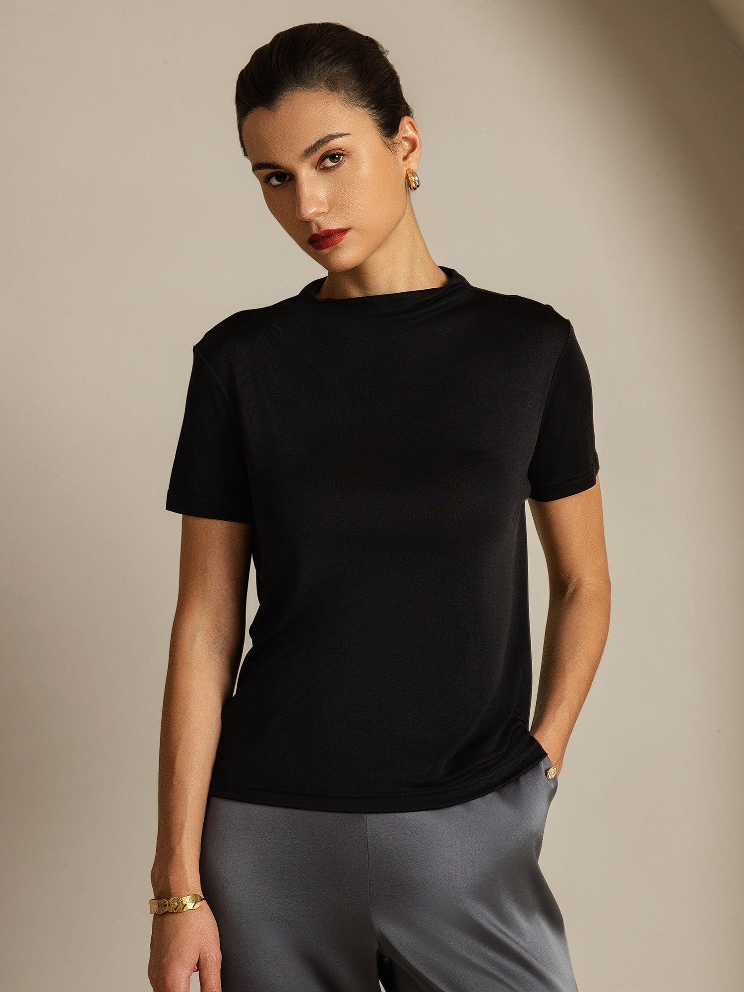 [Nero] SilkSilky-IT Seta pura Colletto risvolto Magliette donna 001