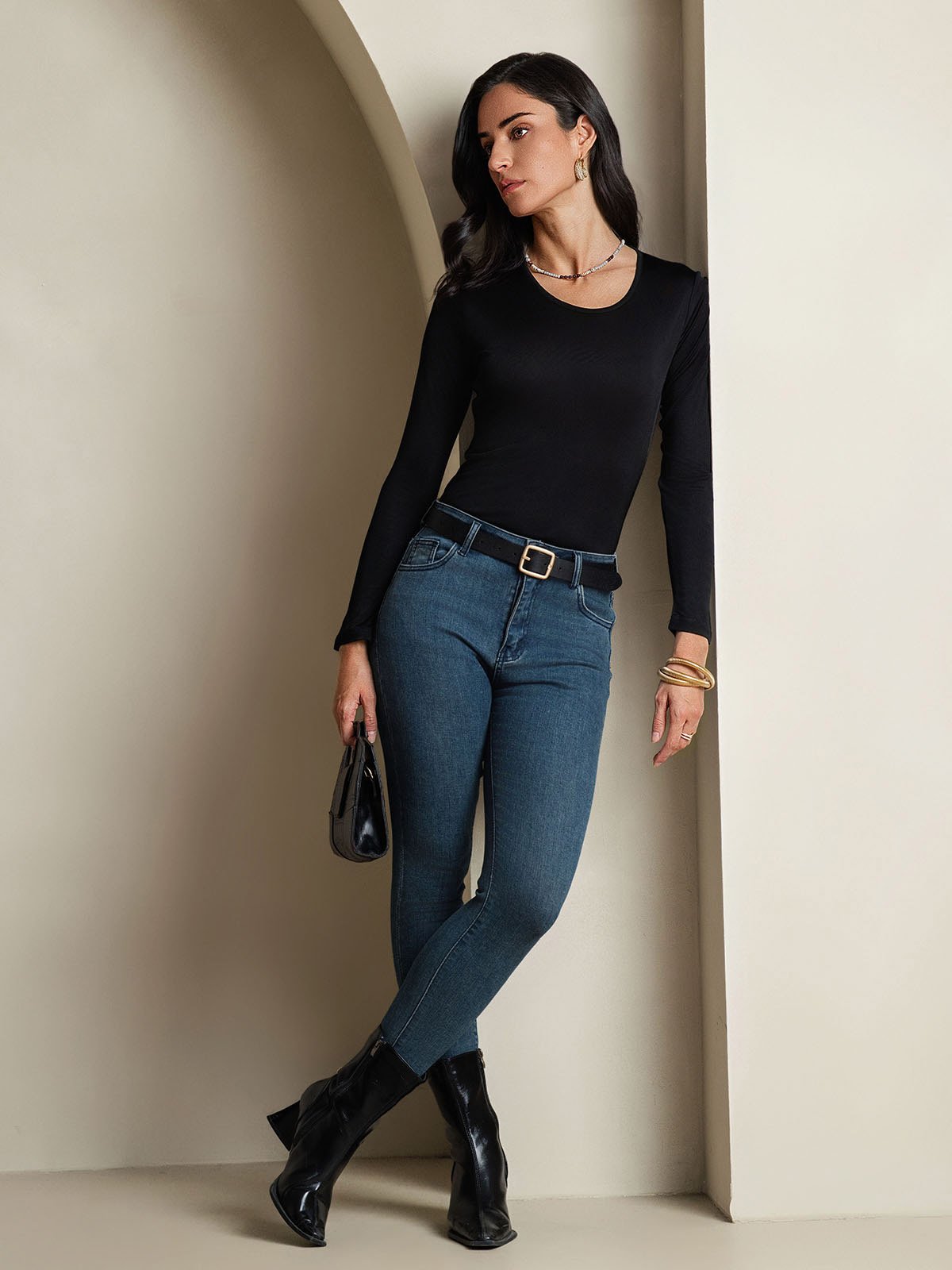 [Nero] SilkSilky-IT Manica lunga Scollo rotondo Magliette donna 005