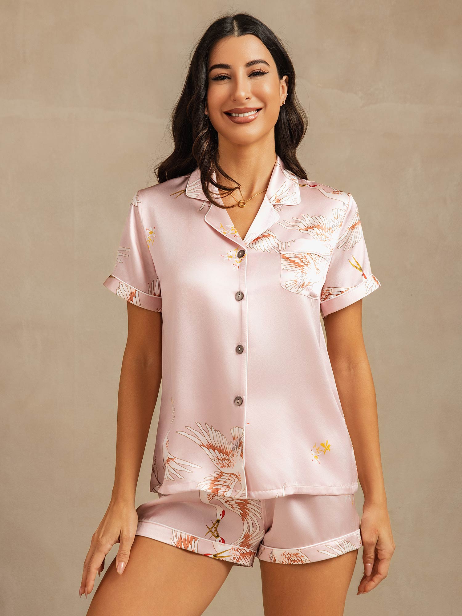 [Rosa] SilkSilky-IT Short Sleeve Lapel Collar Pigiami da donna 001