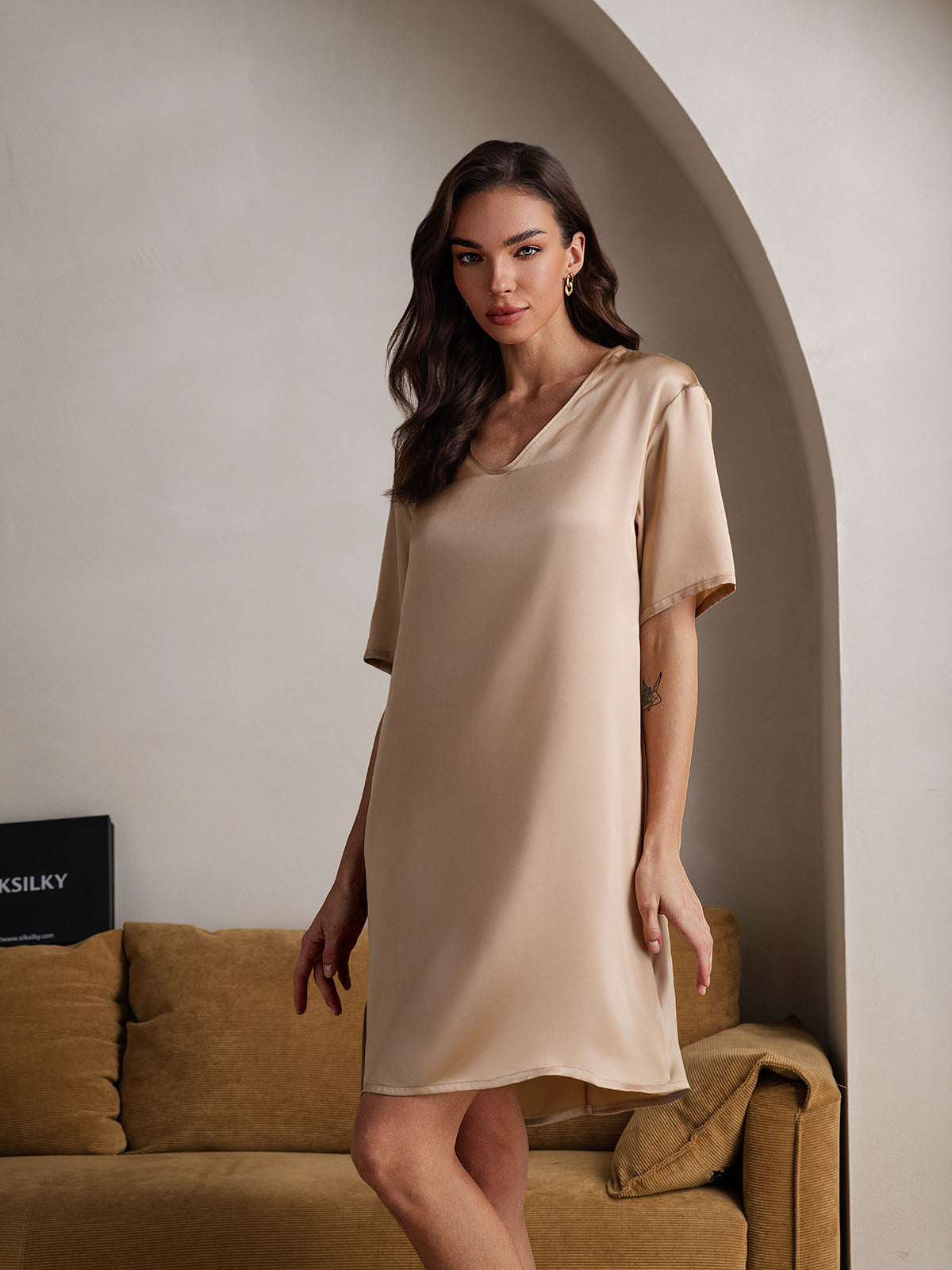 [Champagne] SilkSilky-IT Seta pura Collo a V Camicia da notte 005
