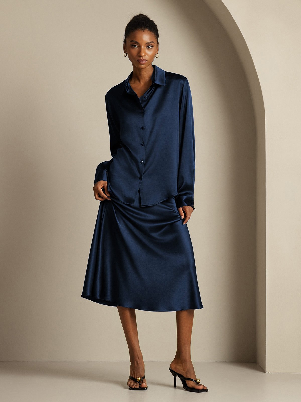 [Blu Scuro] SilkSilky-IT 19Momme Seta Colletto risvolto Women''s Outfit Sets 007,