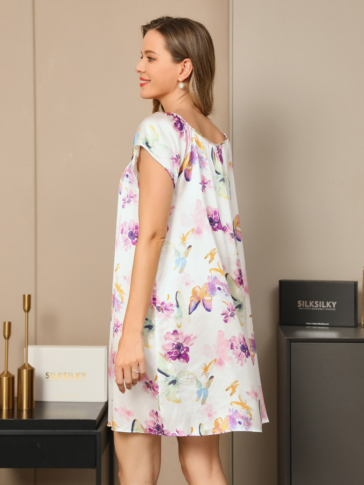 [Lavanda] SilkSilky-IT Seta pura Manica ad aletta Nodo al collo Camicia da notte 002