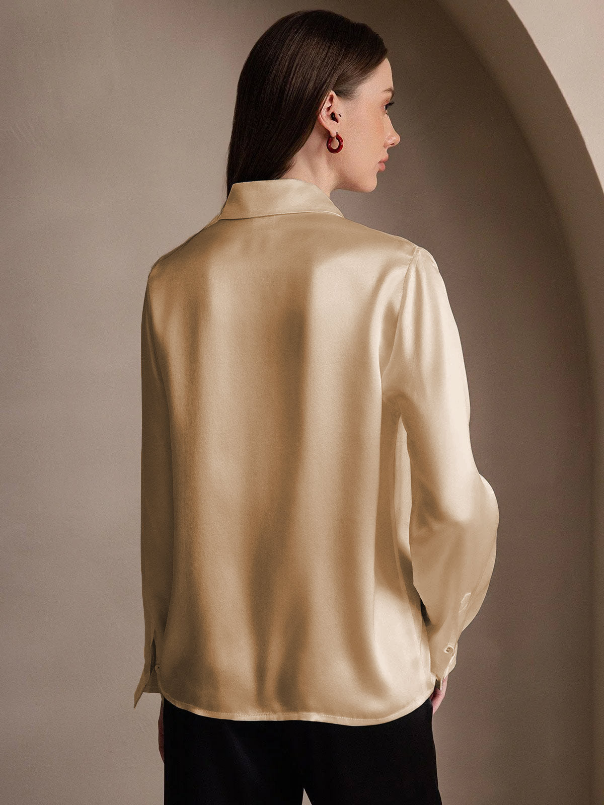 [Champagne] SilkSilky-IT 19Momme Seta Lapel Collar Camicie da donna 002