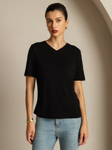 [Nero] SilkSilky-IT Maniche Corte Scollo a V Magliette donna 005