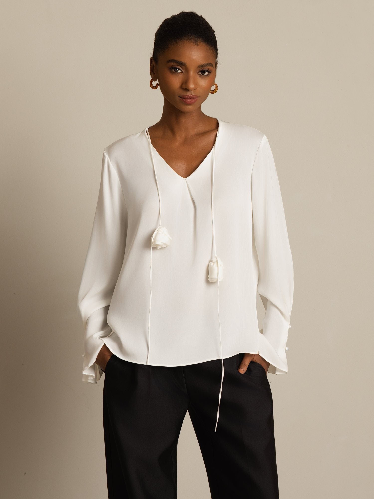 [Bianco] SilkSilky-IT 19Momme Seta Manica lunga Scollo a V Camicette 003