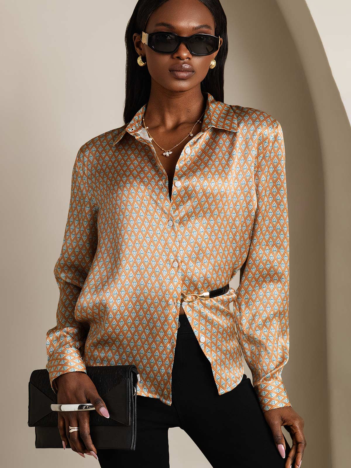 [Floral] SilkSilky-IT Manica lunga Colletto risvolto Camicie da donna 003