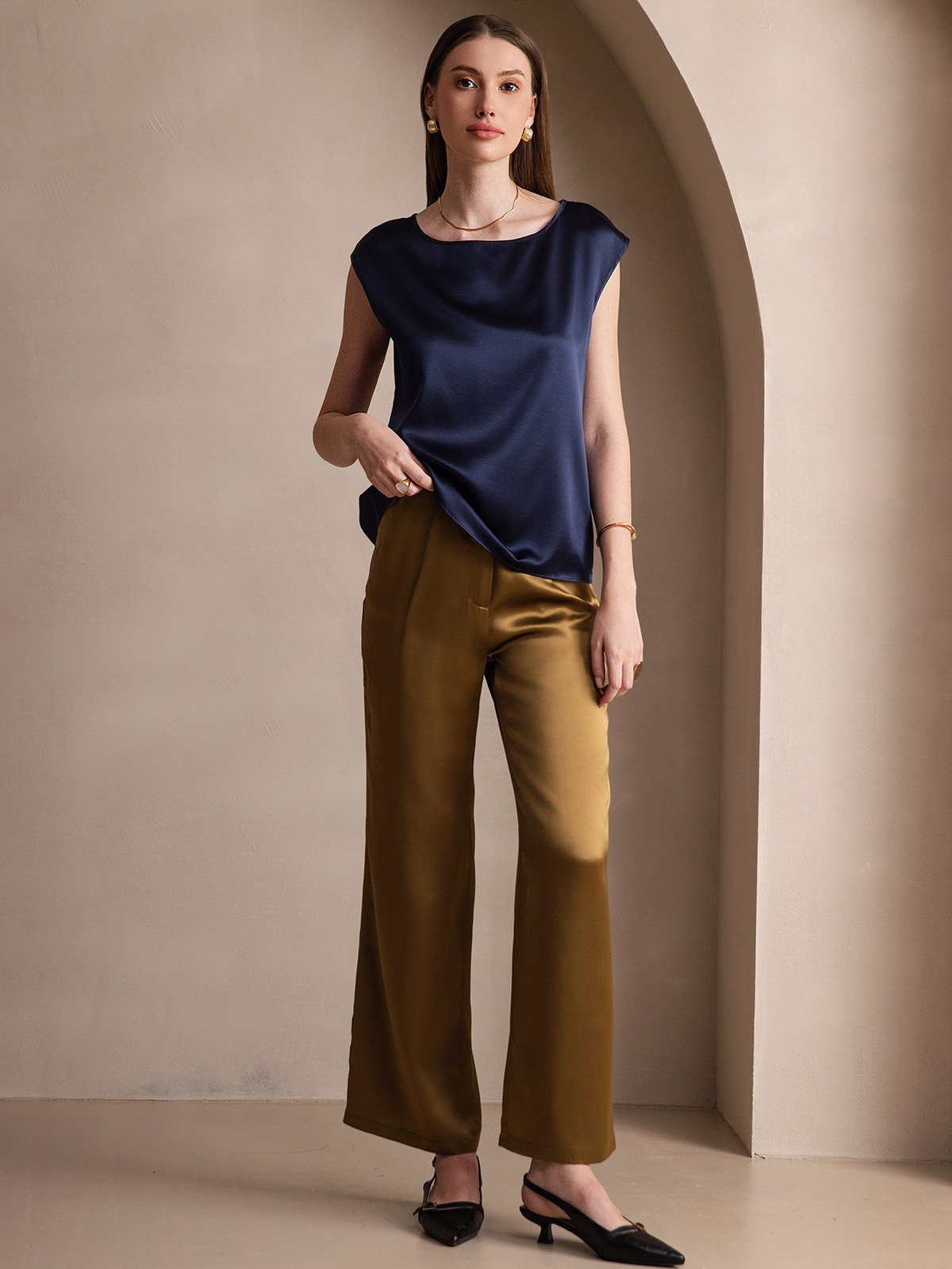 [Blu Scuro] SilkSilky-IT 19Momme Seta Womens T-Shirt 005