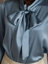 [Blu Grigiastro] SilkSilky-IT Long Sleeve Tie Neck Bluse 008