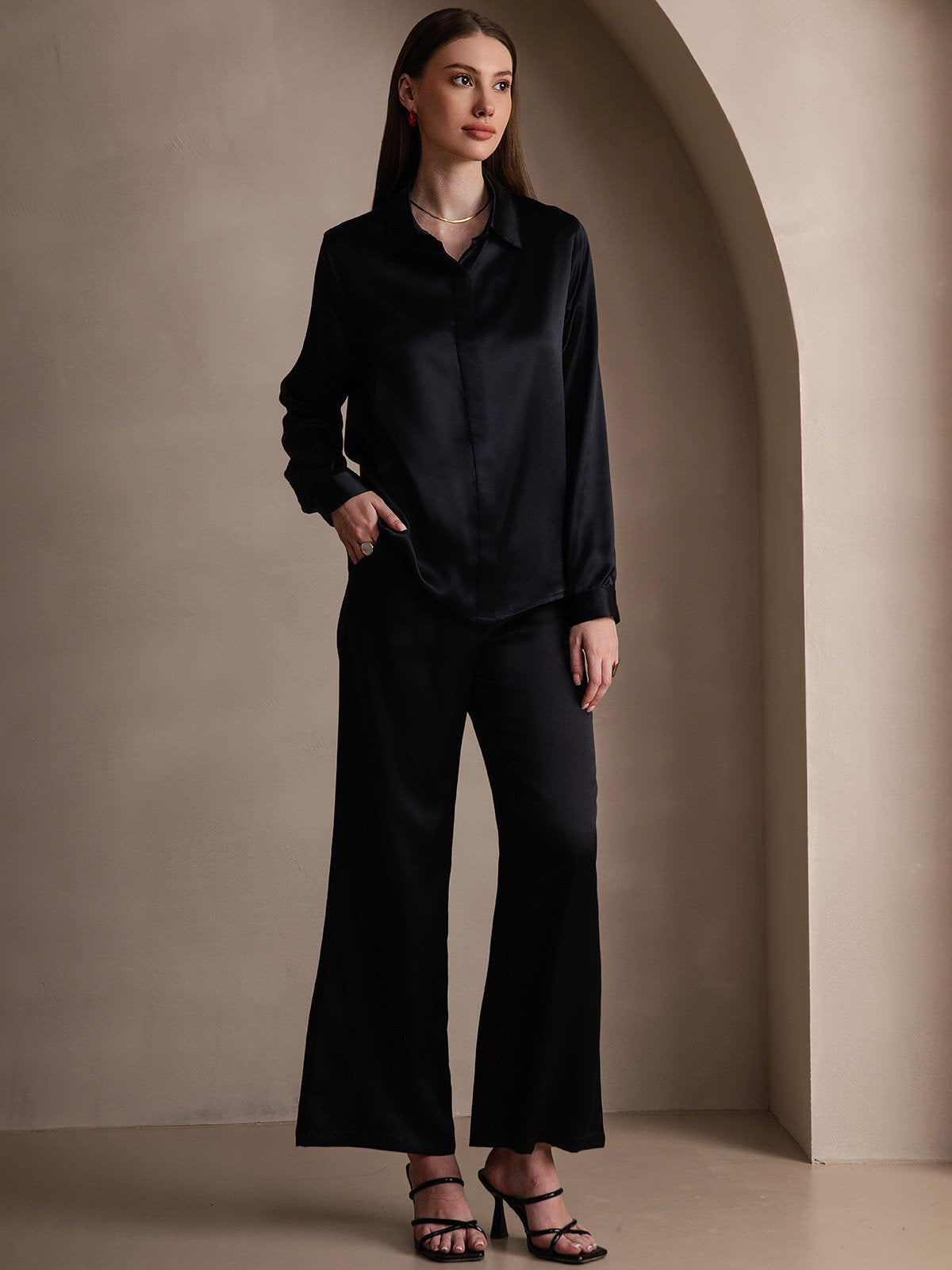 [Nero] SilkSilky-IT 19Momme Seta Manica lunga Colletto risvolto Camicie da donna 006