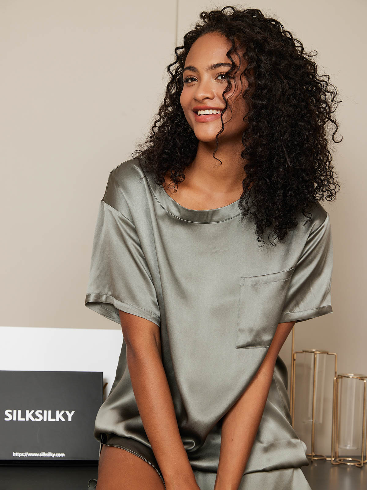 [Verde Grigiastro] SilkSilky-IT Seta pura Womens Pajamas 005