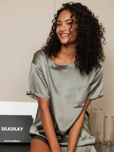 [Verde Grigiastro] SilkSilky-IT Short Sleeve Round Neck Pigiami da donna 005