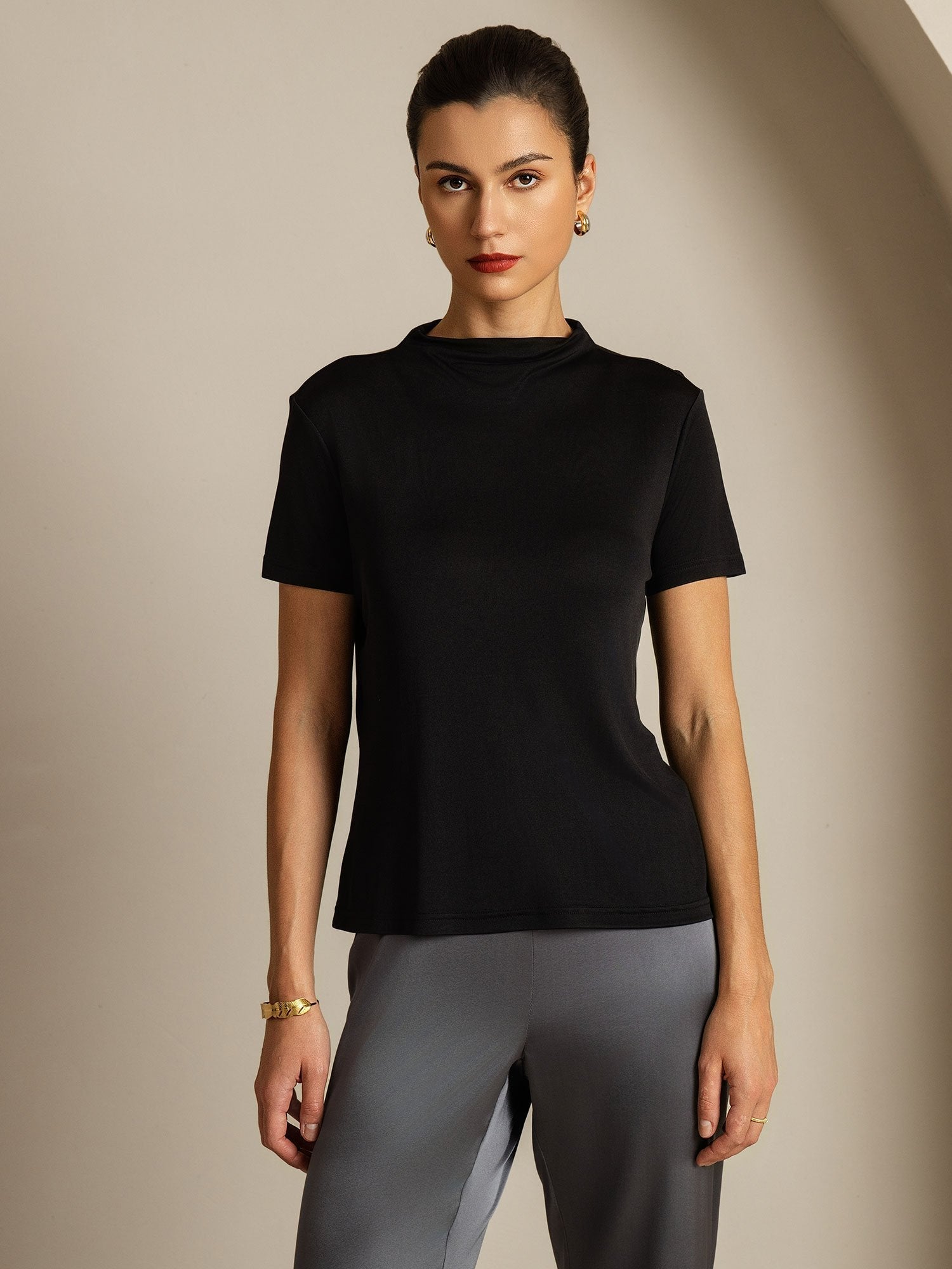 [Nero] SilkSilky-IT Seta pura Colletto risvolto Magliette donna 003