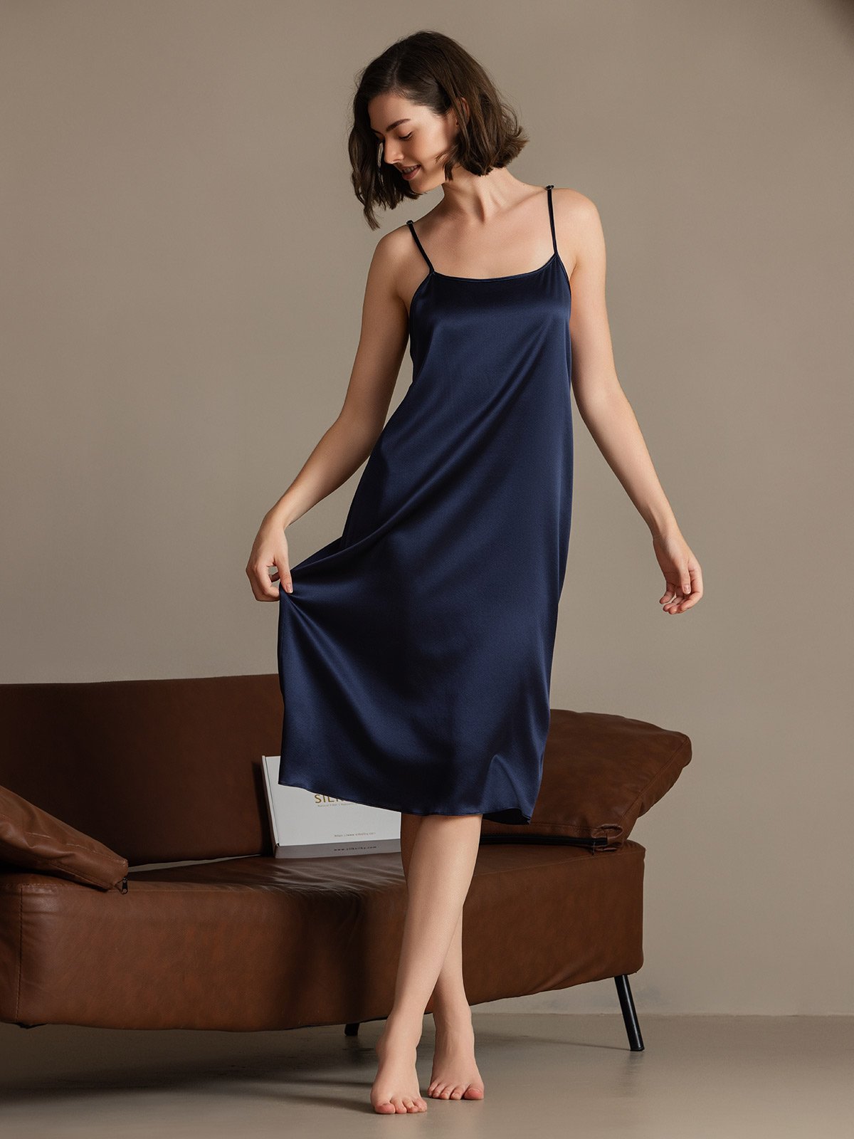 [Blu Scuro] SilkSilky-IT 19Momme Seta Senza maniche Dress 004