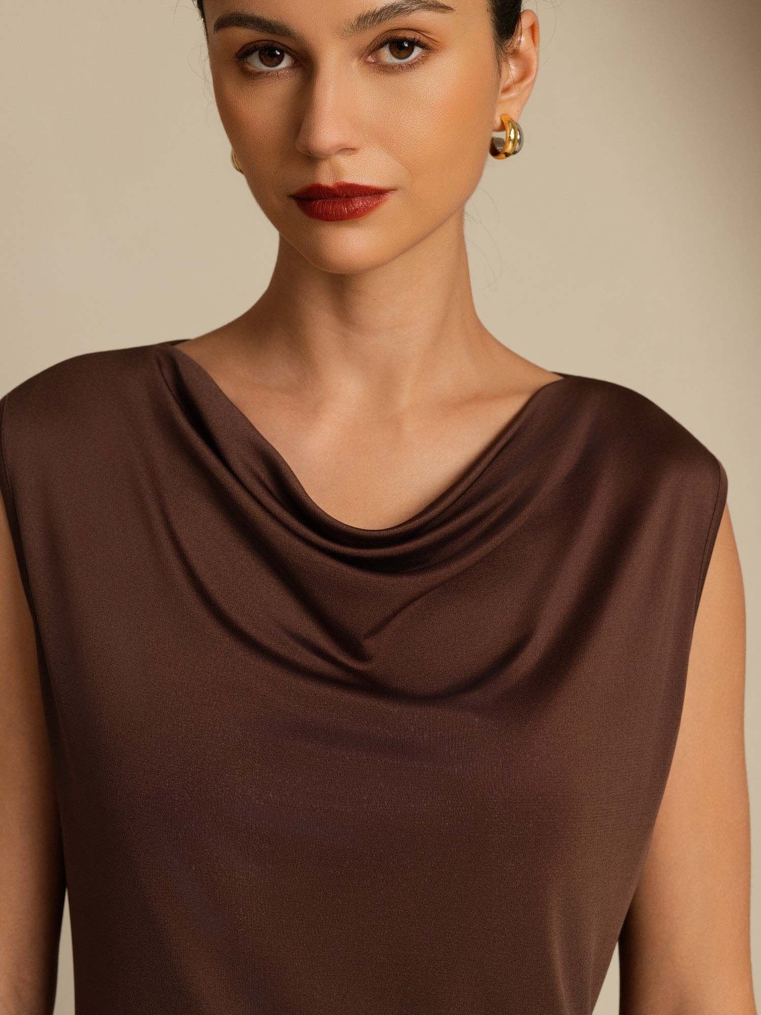 [Caffè] SilkSilky-IT Senza maniche Collo drappeggiato Magliette donna 005