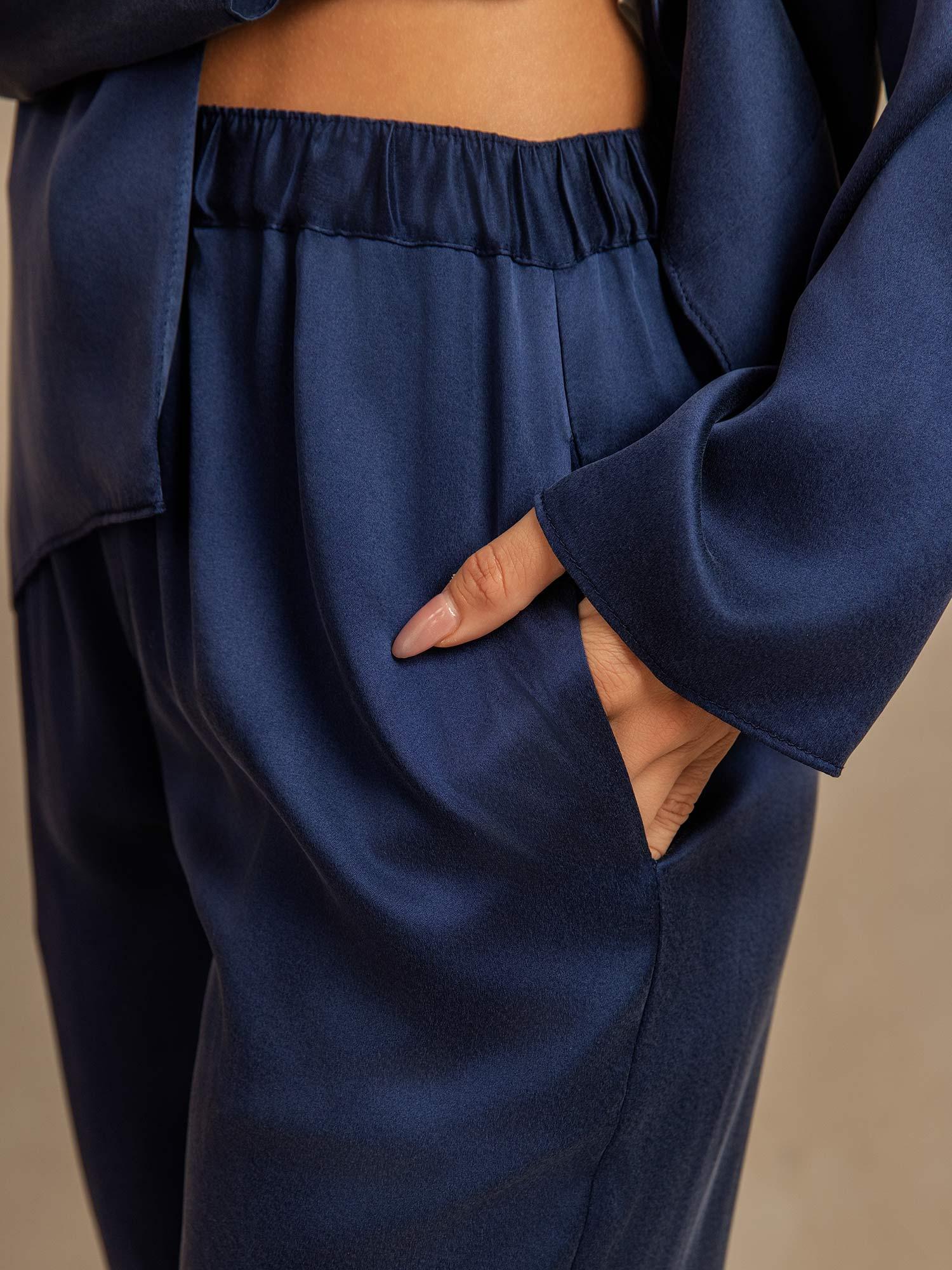 [BluScuro] SilkSilky-IT 19Momme Seta Scollo a V dentellato Pigiami da donna 005