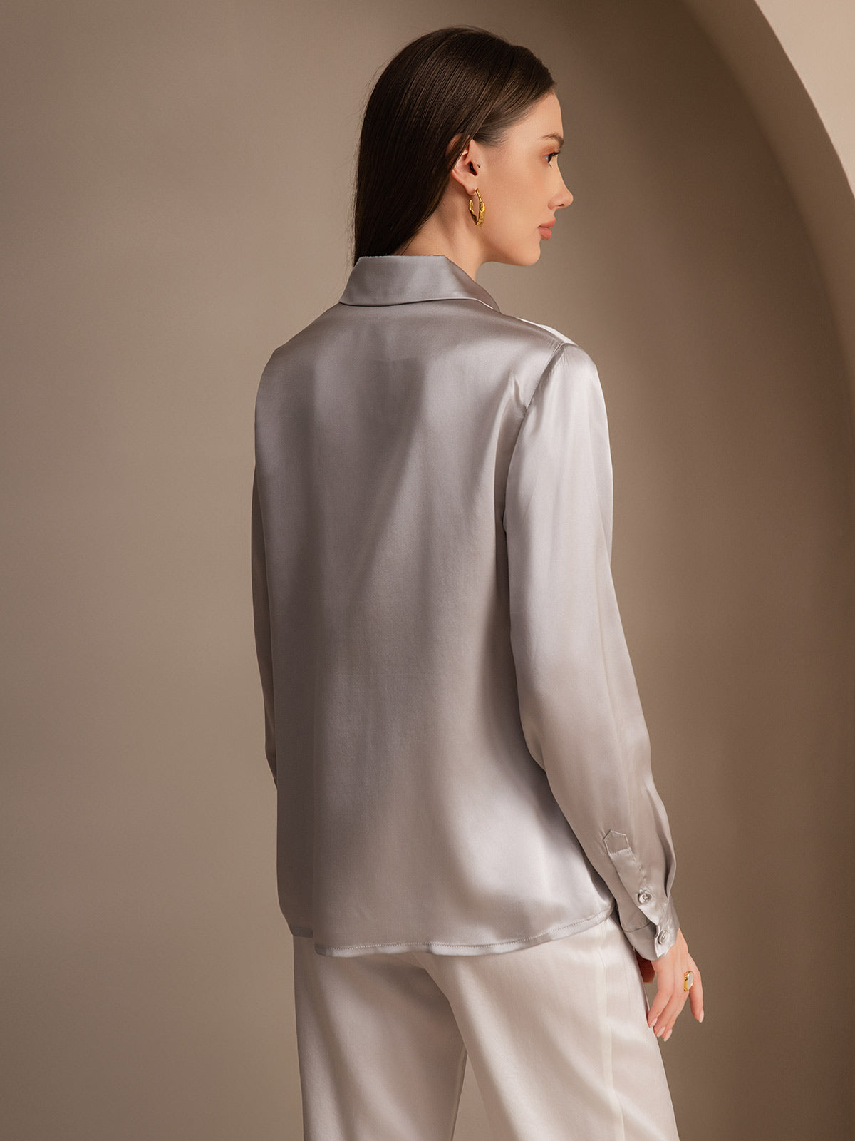 [Grigio Chiaro] SilkSilky-IT 19Momme Seta Lapel Collar Camicie da donna 002