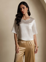 [Bianco] SilkSilky-IT Manga media Scollo A Coppa Magliette donna 003
