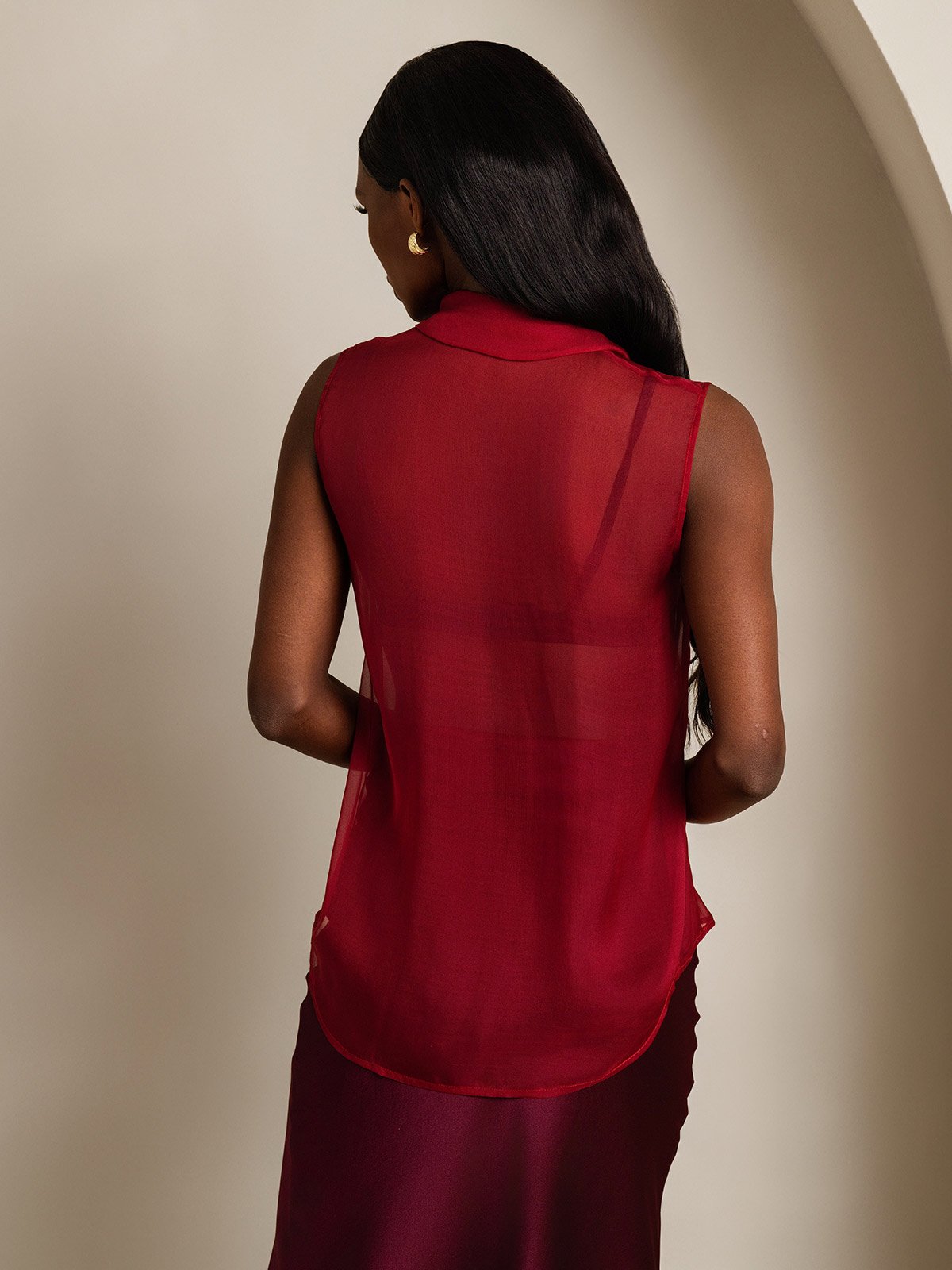 SilkSilky-IT Seta pura Senza maniche Nodo al collo Camicie da donna Vino 002